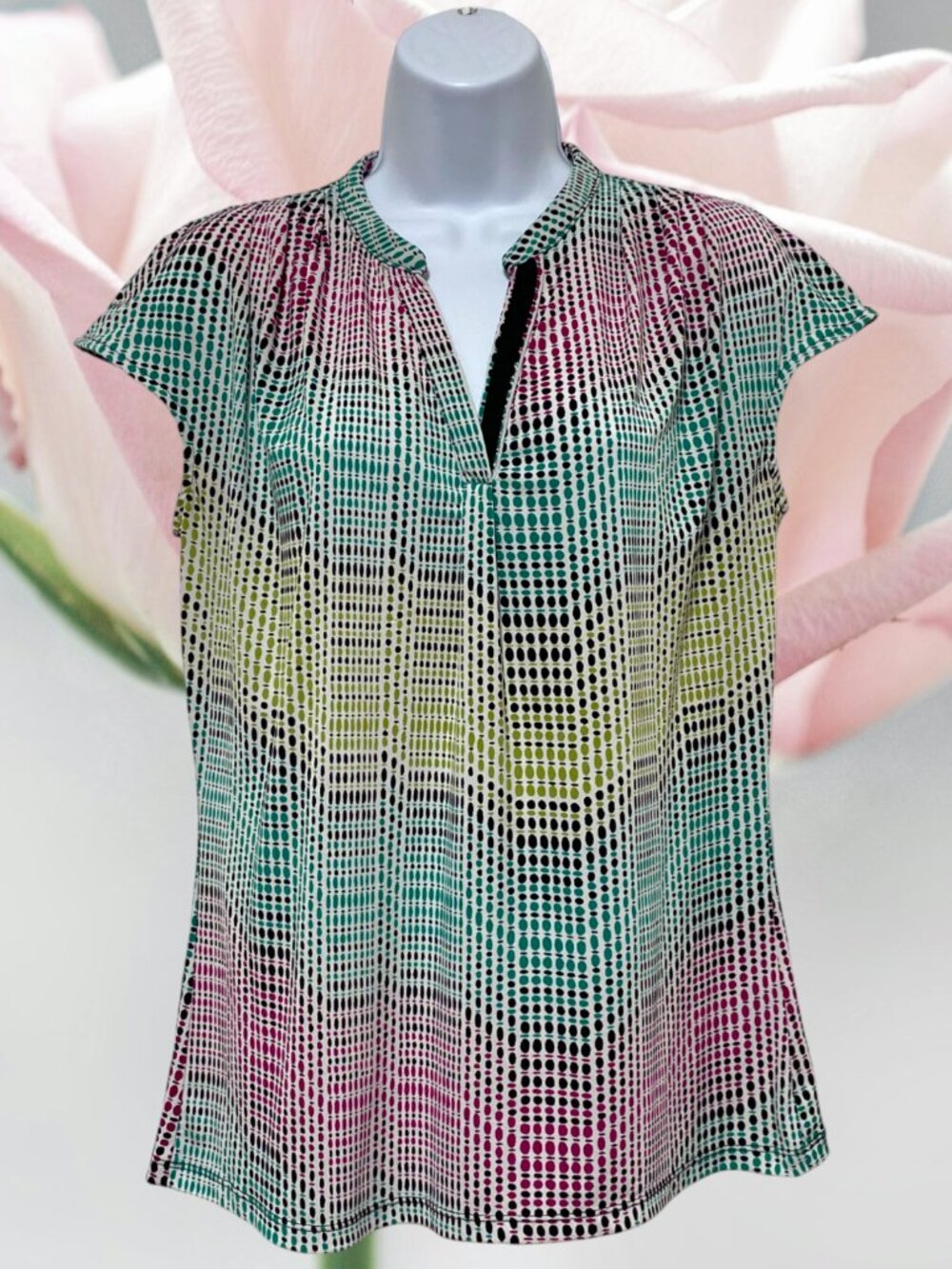 Worthington-Women's Medium Pullover Top Multi-Color Polk Dots V-Neckline